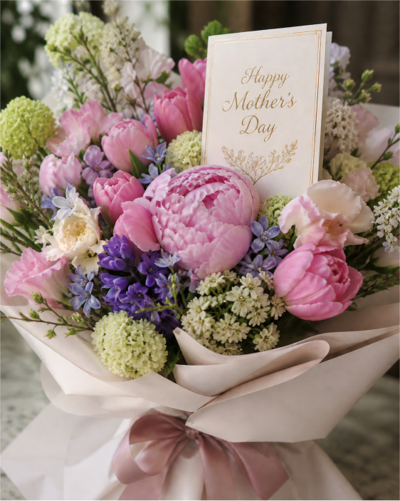 Elegant Mother’s Day bouquet with pink peonies, spring flowers, and a “Happy Mother’s Day” card