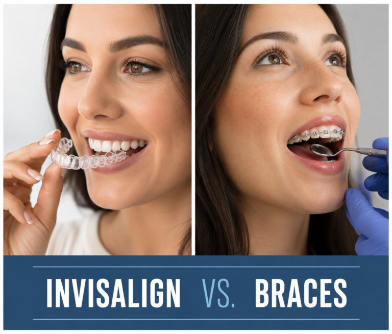 Woman comparing Invisalign clear aligners and traditional braces for orthodontic treatment